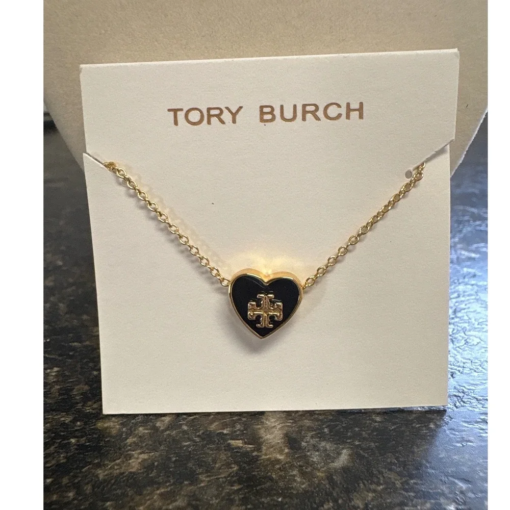 Tory Burch Kira Black Enamel Heart Pendant Necklace Gold Tone Double T Logo 16in